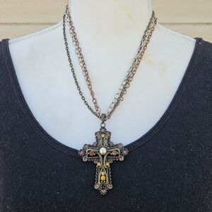 multimetal chain necklace with large rhinestone cross pendant